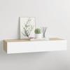 QZZCED Floating Wall Shelf with Drawer, MDF and Metal, Oak and White, 60 x 23.5 x 10 cm view 1