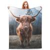 Cute Highland Cattle in Forest Fleece Sofa Throw Blanket, Washable, Cozy Blanket for Sofa or Bedroom, Winter, L view 1