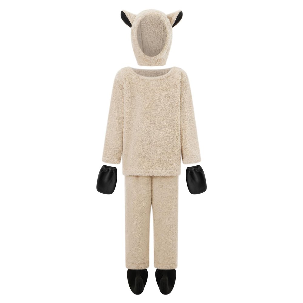 Feclmiyt Sheep Costume for Boys and Girls, Fuzzy Long-Sleeve Top, Pants, Hat, Gloves and Socks, 5-Piece Halloween Christmas Outfit, Apricot Sheep, S