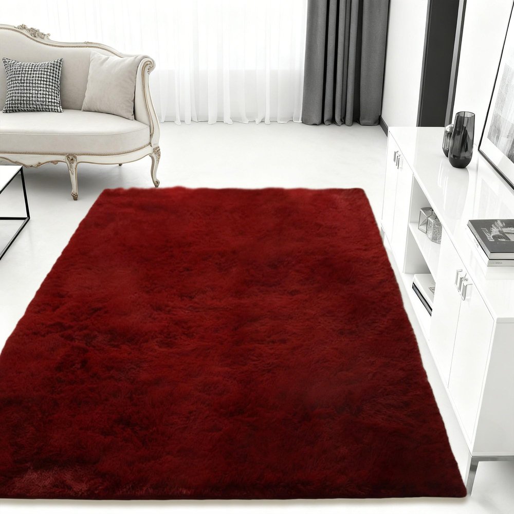 HONQGAO Faux Fur Shaggy Rug 170 x 210 cm, Soft and Washable, Non-Slip, Wine Red