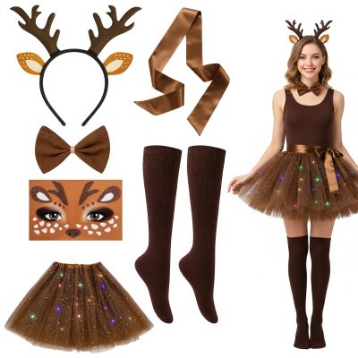 JrnSvp Women's Reindeer Costume, 6-Piece Set with Headband and Tulle Skirt