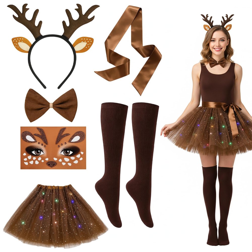 JrnSvp Women's Reindeer Costume, 6-Piece Set with Headband and Tulle Skirt