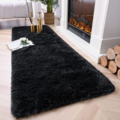 ANJIAJIE Shaggy Plush Rug 85 x 140 cm, Soft Long-Pile, Solid Black