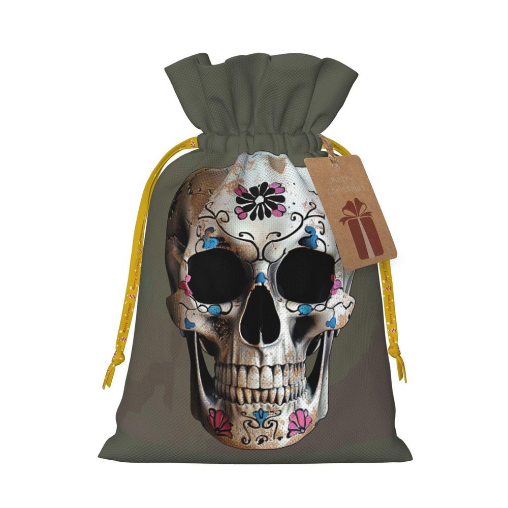 Printed Skull Gift Bags with Drawstring, Christmas Candy Bags, M, Yellow Christmas Ribbon