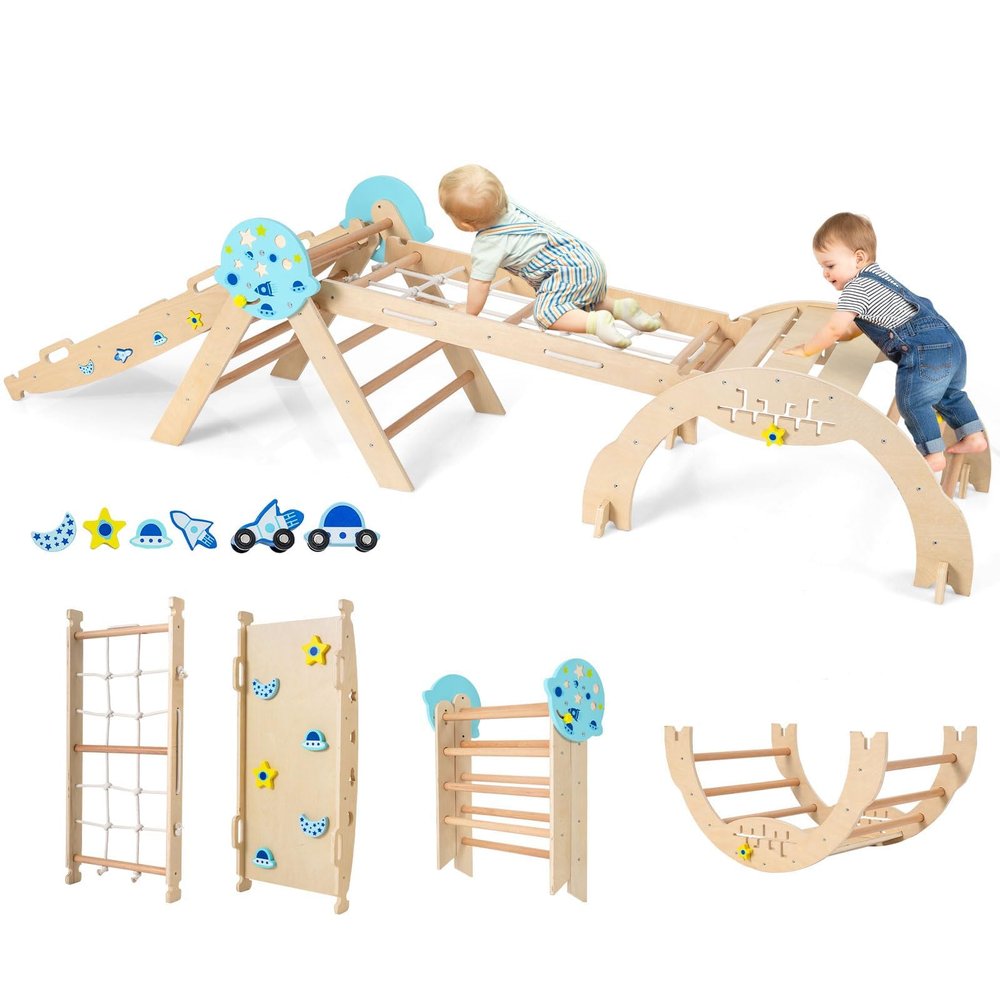 FANTASK 7-in-1 Indoor Wooden Climbing Set with Slide, Arch, Net, Ramp, Blocks & 2 Cars