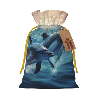 Dolphins in the Sea Printed Christmas Drawstring Gift Bag, Yellow Ribbon, Size S