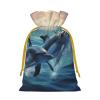 Dolphins in the Sea Printed Christmas Drawstring Gift Bag, Yellow Ribbon, Size S view 2