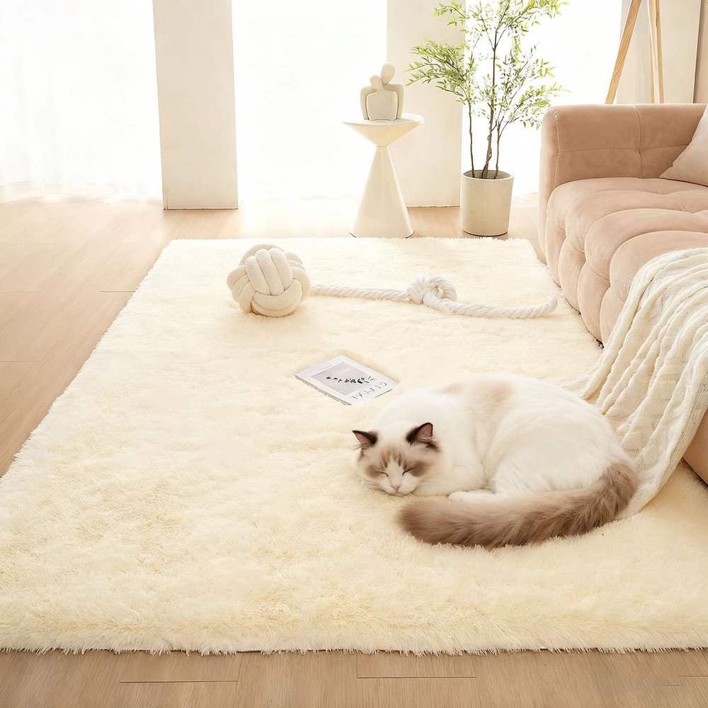 LIHUANE Shaggy High-Pile Rug, 210 x 220 cm, Super Soft, Non-Slip, Cream