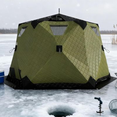 Oiyekntd Instant Pop-Up Windproof Insulated 420D Hexagonal Tent for 5–6 People, Portable Ice Shelter with Stove Jack Floor, for Ice Fishing and Winter Camping, Green