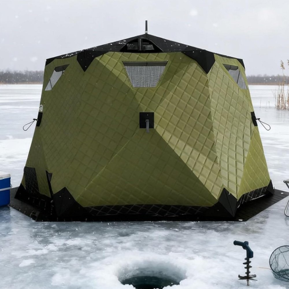 Oiyekntd Instant Pop-Up Windproof Insulated 420D Hexagonal Tent for 5–6 People, Portable Ice Shelter with Stove Jack Floor, for Ice Fishing and Winter Camping, Green