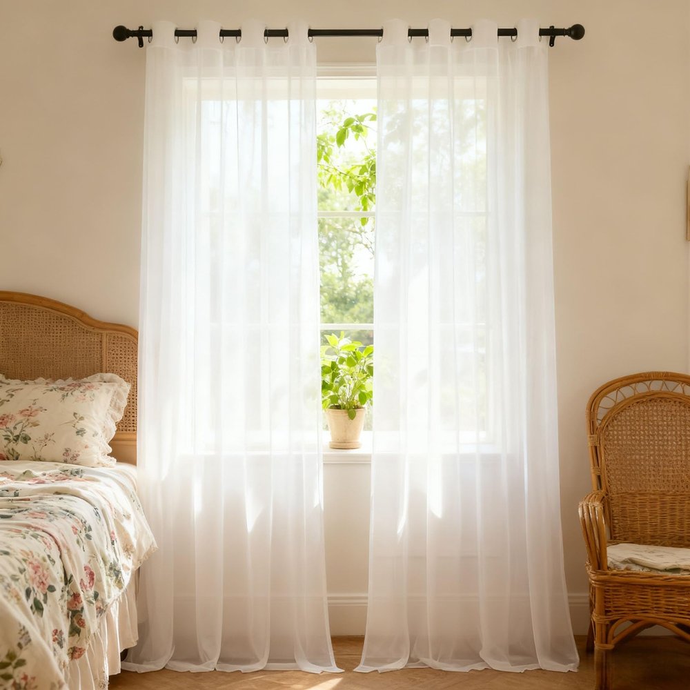 WUXXIANG Voile Curtain 192 x 134 cm, Semi-Transparent, Airy, Easy to Install, Soft and Durable, Washable Sheer Curtain for Living Room, Bedroom & Dining Room, White