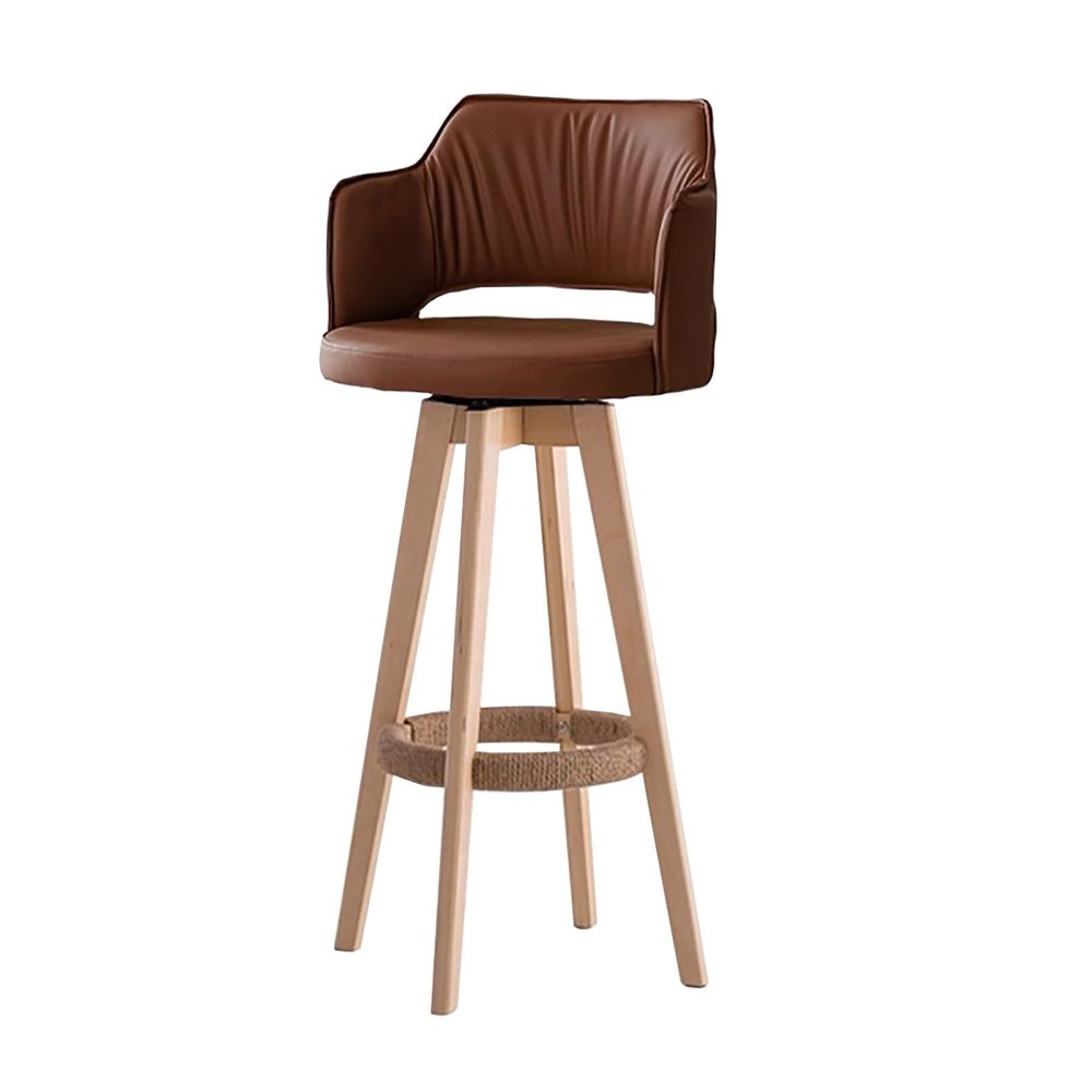 Modern Counter-Height Bar Stool, 360° Swivel, PU Leather, Wood Legs, 72 cm, Coffee