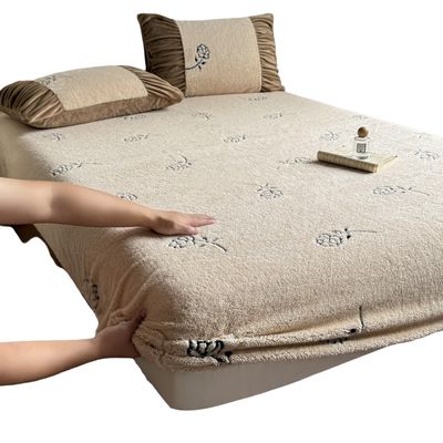 Plush Velvet Bedding Set with Deep-Pocket Fitted Sheet, Khaki, 180 x 200 cm