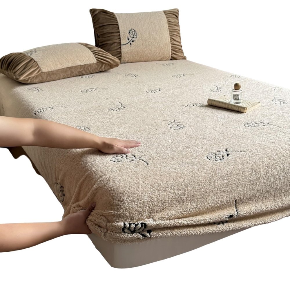 Plush Velvet Bedding Set with Deep-Pocket Fitted Sheet, Khaki, 180 x 200 cm