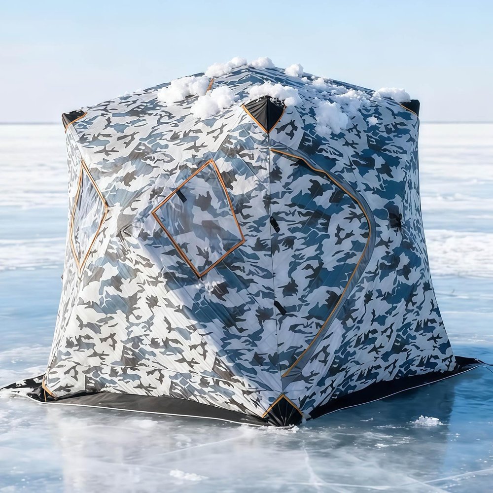 BESTXH Ice Fishing Tent with Floor, Insulated Shelter, Stove Pipe Opening, Waterproof Oxford Fabric, 4 Windows, Stakes, Ropes and Carry Bag, Camouflage, 2 x 2 m