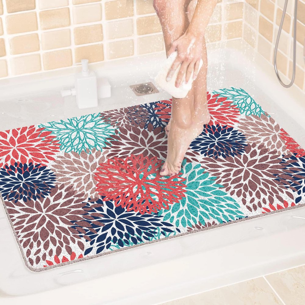 Non-Slip Shower Mat, 80 x 100 cm, PVC Loofah Bath Mat with Drainage, Fast-Drying, Red/Green/Gray