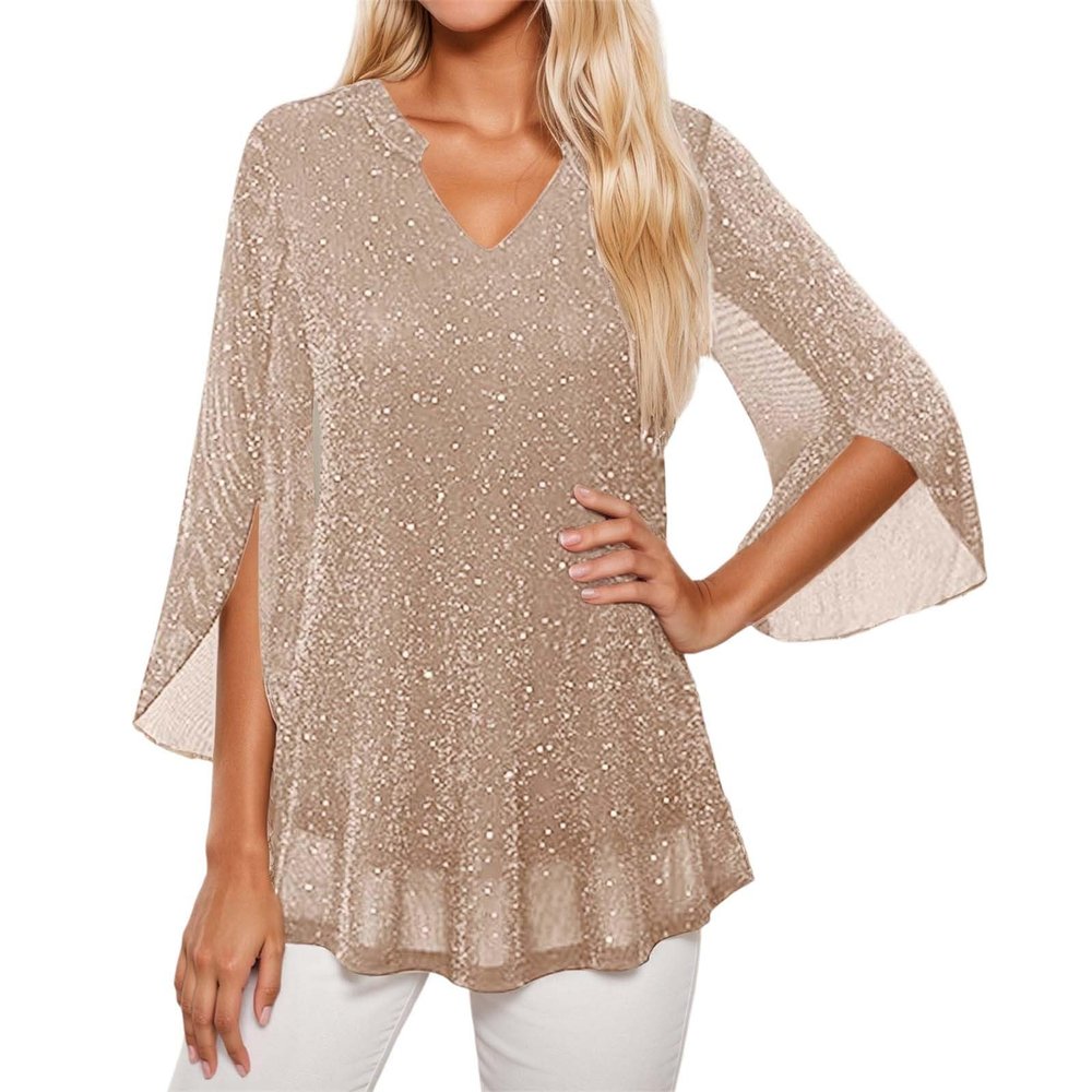 Women's Sequin Blouse, Long-Sleeve Glitter Top with V-Neck