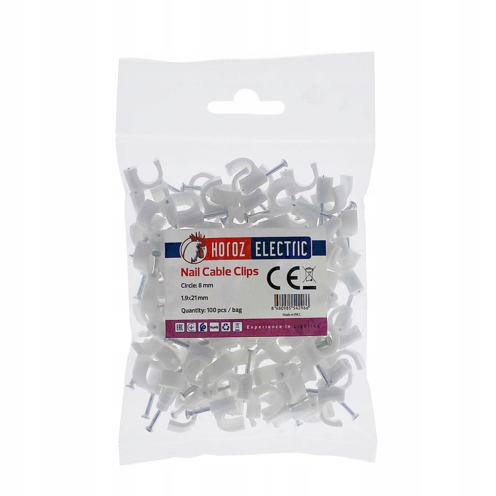 100-Pack 8 mm Round Cable Clips with Nails, White – HOROZ Electric