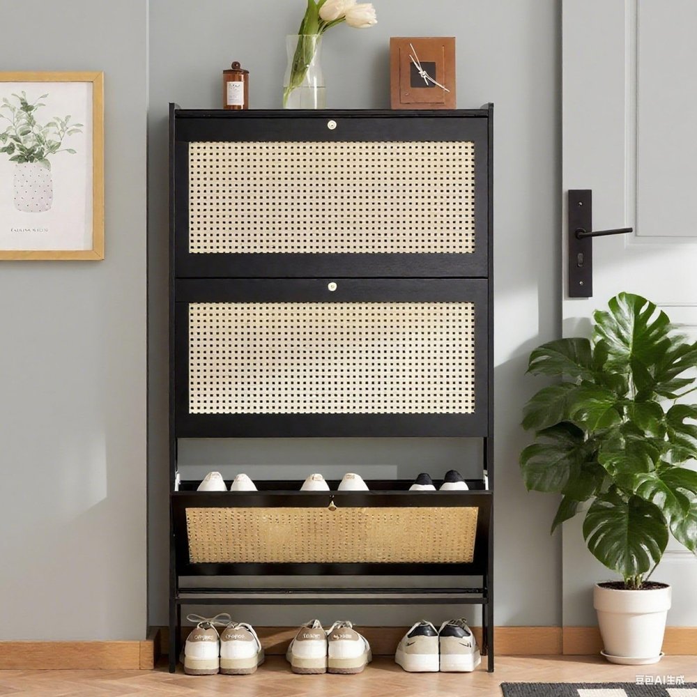 Narrow Shoe Cabinet with Adjustable Shelf, 2 Flip-Down Drawers, Modern Black Design, 70 cm