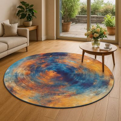 VARIKASHOM Round Indoor Area Rug, Blue-Orange-Yellow Art Deco, Multicolor, 100 cm