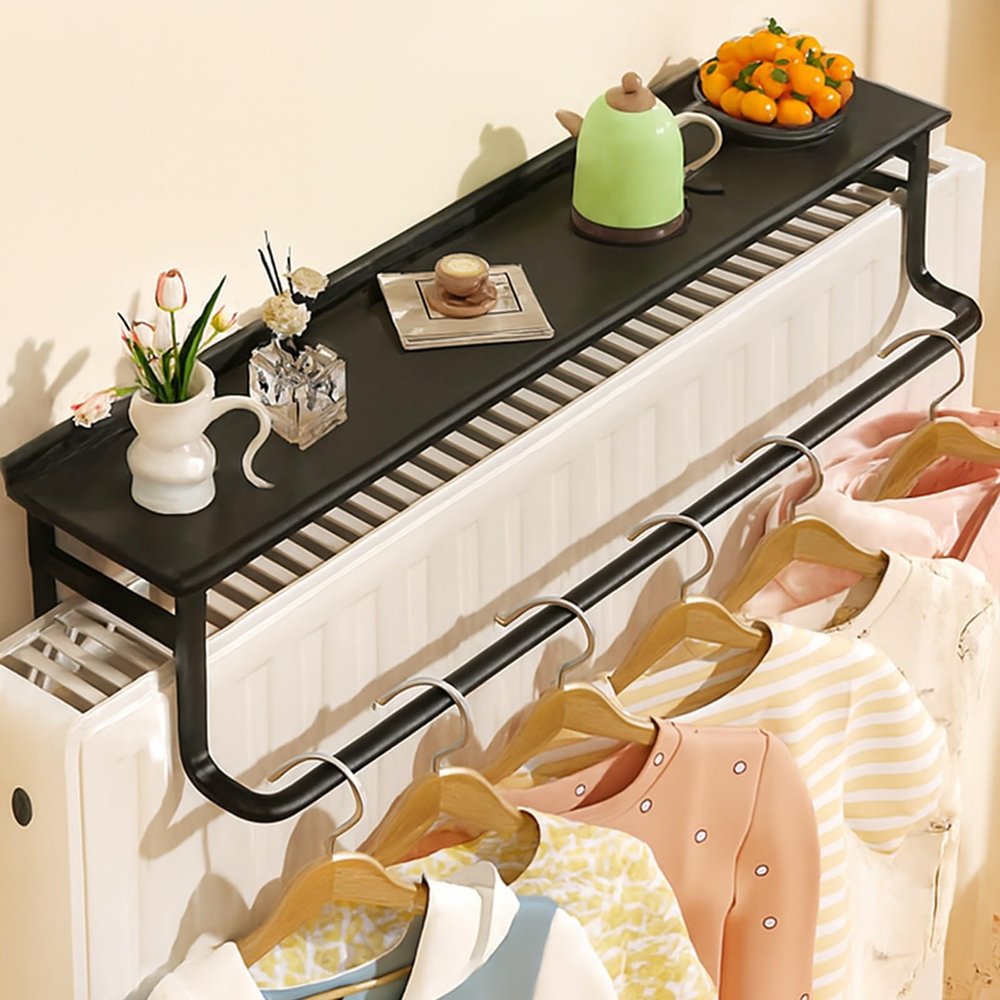 Metal Radiator Shelf with Drying Rack, No Drilling, Black, 58 cm
