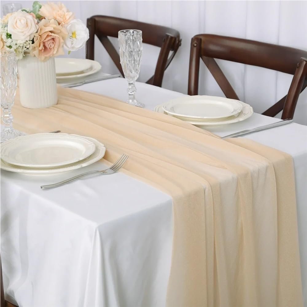 4-Piece Gauze Table Runner Set, 70 x 300 cm, Chiffon Table Runners for Weddings, Bridal Parties and Decorations (Beige)