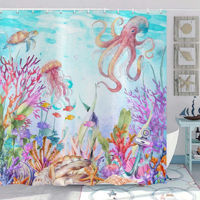 ASDCXZ Octopus Shower Curtain 180 x 240 cm, Colorful Watercolor Ocean Design
