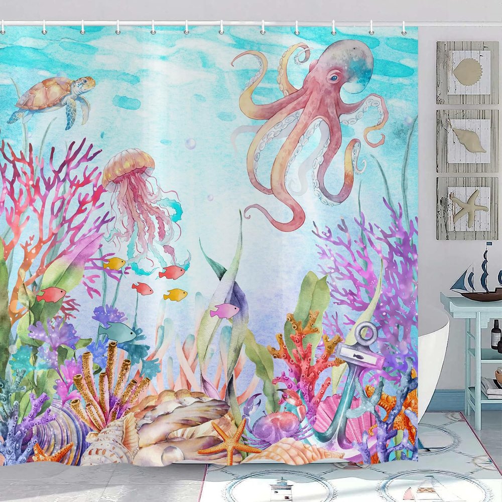 ASDCXZ Octopus Shower Curtain 180 x 240 cm, Colorful Watercolor Ocean Design