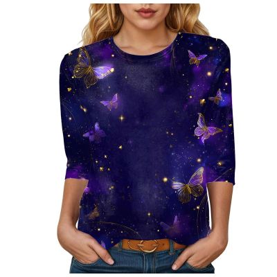 Generisch Galaxy Women's 3D Galaxy Print Shirt, 3/4-Sleeve Crew-Neck Blouse Top