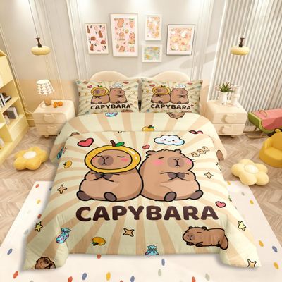 Homewish Kawaii Cartoon Capybara Bedding Set 220x240 cm with 2 Pillowcases