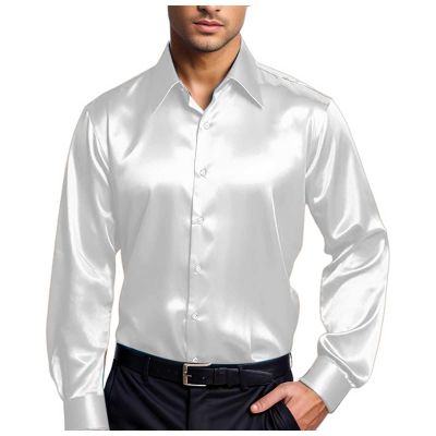 Duohropke Men's Luxury Satin Dress Shirts, Shiny Silk-Like Long-Sleeve Button-Down Casual Regular-Fit Wedding Party Prom Tops