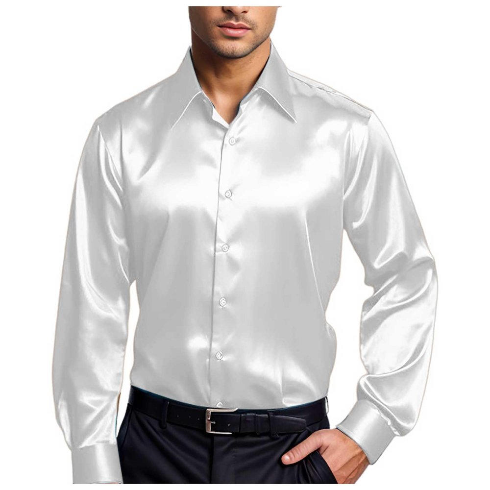 Duohropke Men's Luxury Satin Dress Shirts, Shiny Silk-Like Long-Sleeve Button-Down Casual Regular-Fit Wedding Party Prom Tops