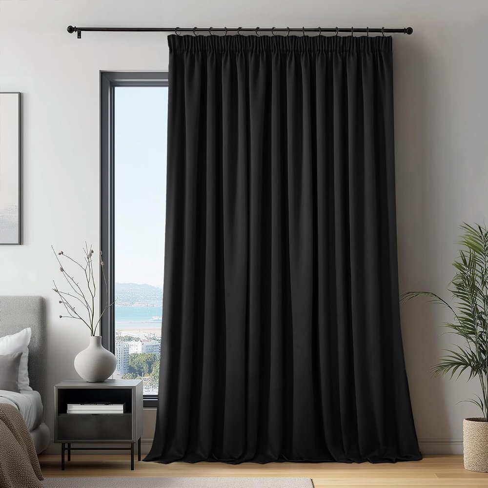 QINLIQIN Blackout Curtain with Gathering Tape, 120 x 215 cm, Black, 1 Panel