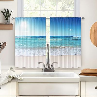 Treer Bistro Café Curtains, 2-Pack, Beach Print, 60 x 60 cm, Sea Blue