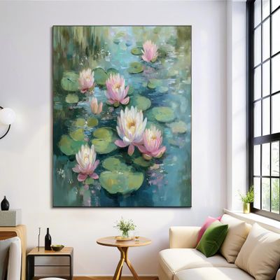 GDJSMIN Lotus Leaves and Water Lilies on a Pond Canvas Wall Art, Impressionist Style, Blue-Green, 40 x 50 cm