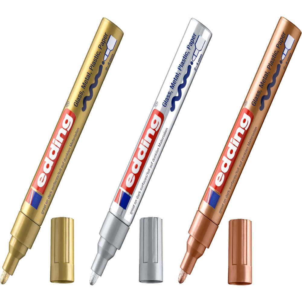 edding 750 Gloss Paint Marker Set, 2–4 mm Round Tip, Gold, Silver and Copper, 3 Pens