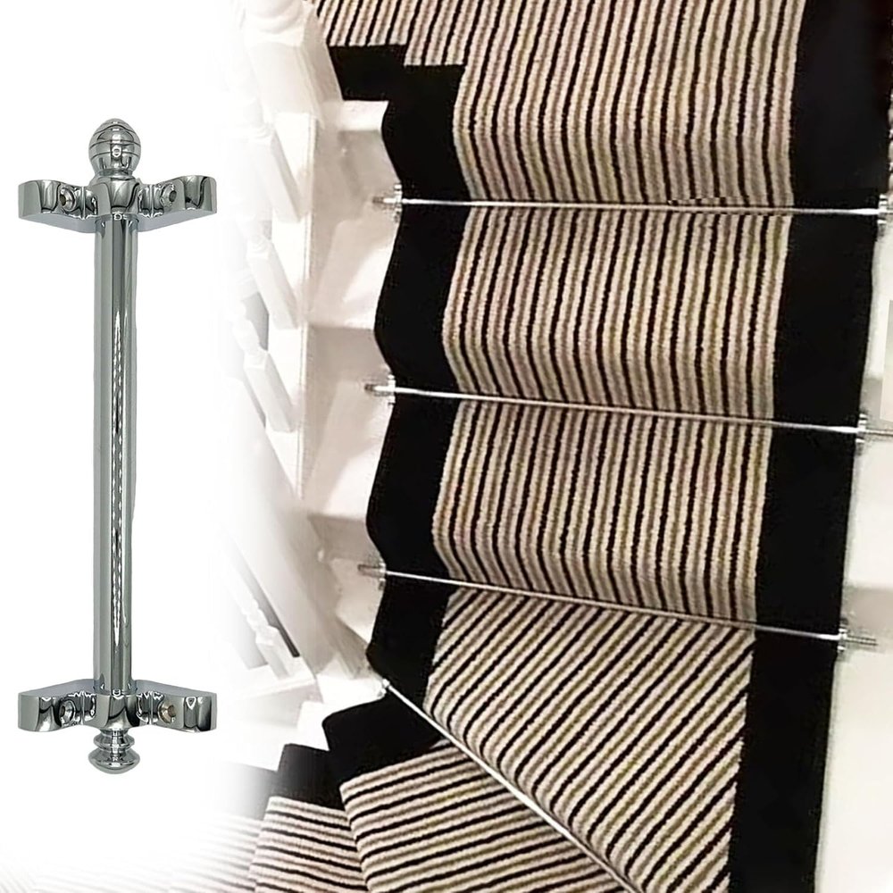 Polished Brass Stair Rods, Silver-Colored, with Spherical Finials and Brackets, 12 Pieces, 91 cm (36 in)