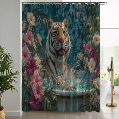 NAWVNMI Playful Tiger Shower Curtain, 180 x 180 cm, Blue-Green Tropical Floral Design