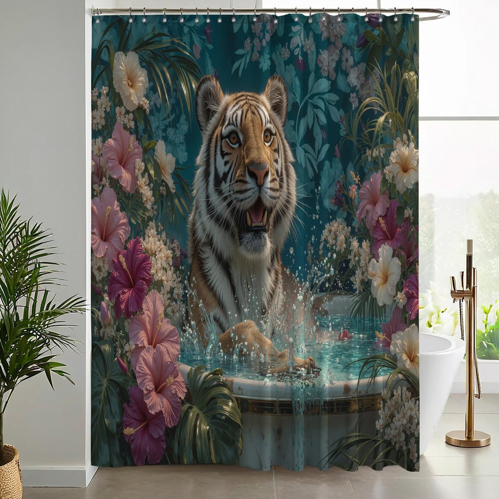 NAWVNMI Playful Tiger Shower Curtain, 180 x 180 cm, Blue-Green Tropical Floral Design