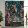 NAWVNMI Playful Tiger Shower Curtain, 180 x 180 cm, Blue-Green Tropical Floral Design view 1