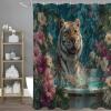NAWVNMI Playful Tiger Shower Curtain, 180 x 180 cm, Blue-Green Tropical Floral Design view 2