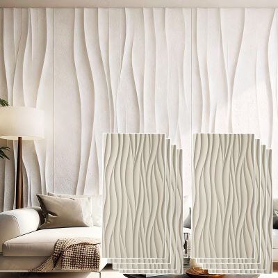 Wavy 3D PU Wall Panels with Faux Stone Look, Beige, 8-Pack