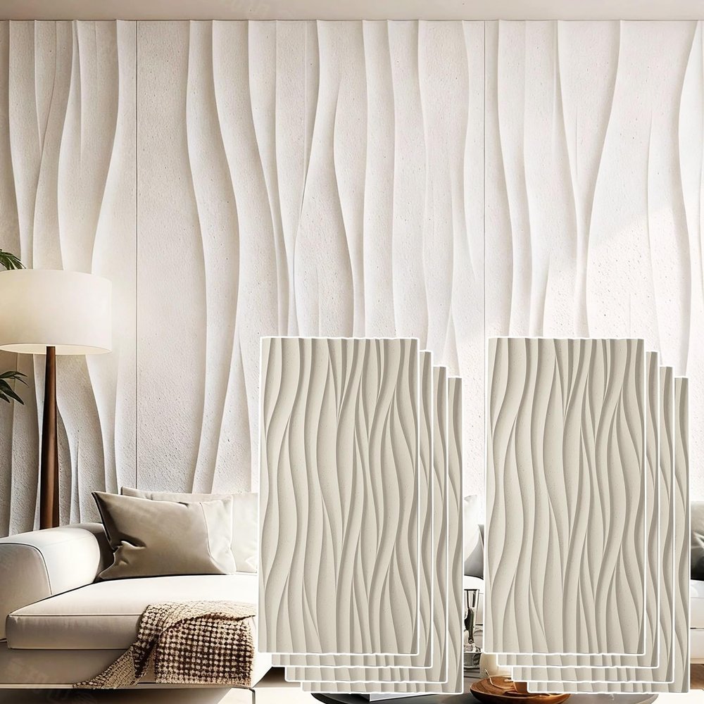Wavy 3D PU Wall Panels with Faux Stone Look, Beige, 8-Pack