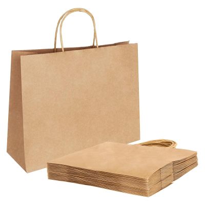 50 Brown Kraft Paper Bags with Handles, 27 x 12 x 21 cm
