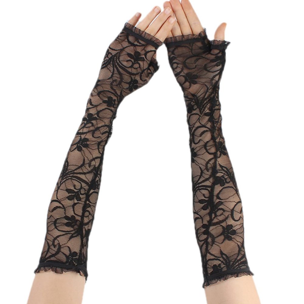 MAGICLULU Women's Lace Arm Sleeves with UV Protection and Breathable Material, Elegant Black Fingerless Gloves for Cycling and Yoga