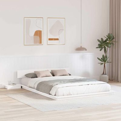 QZZCED Floor Bed Frame with Nightstand, White, 150 x 200 cm, Solid Wood