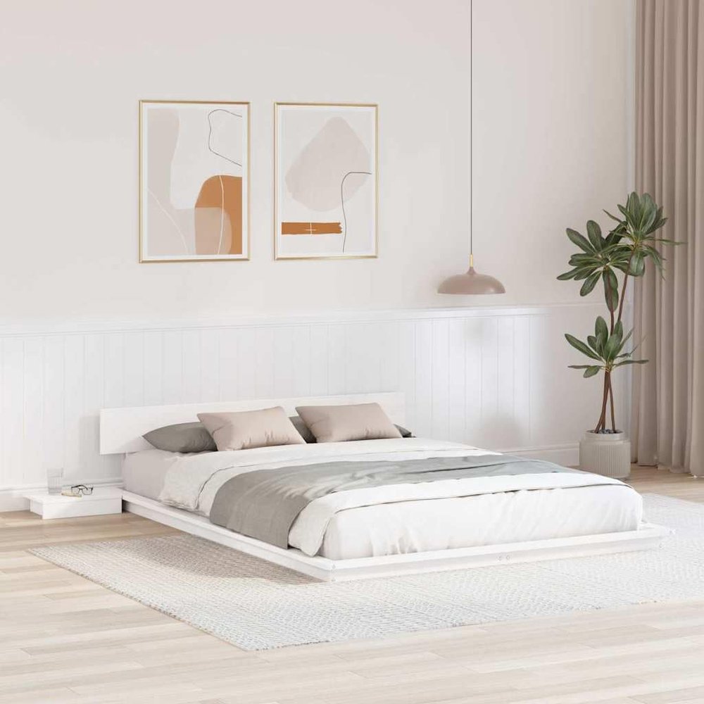 QZZCED Floor Bed Frame with Nightstand, White, 150 x 200 cm, Solid Wood