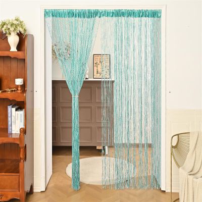 Wokuaile Beaded Door Curtain with Fringe, Cyan