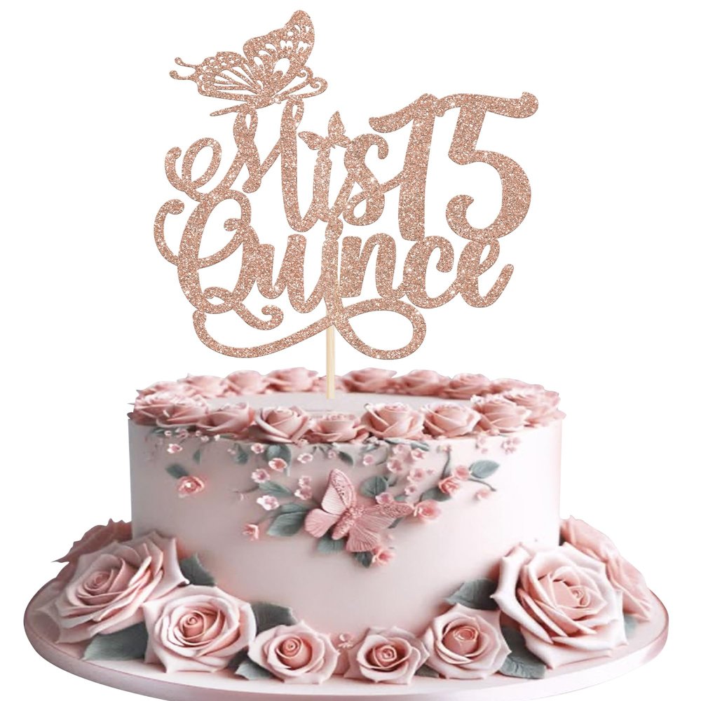 1-Pack Mis Quince 15 Cake Topper, Hello 15 Fabulous Fifteen Birthday Cake Decoration for Girls, Happy 21st Birthday Decoration, Rose Gold