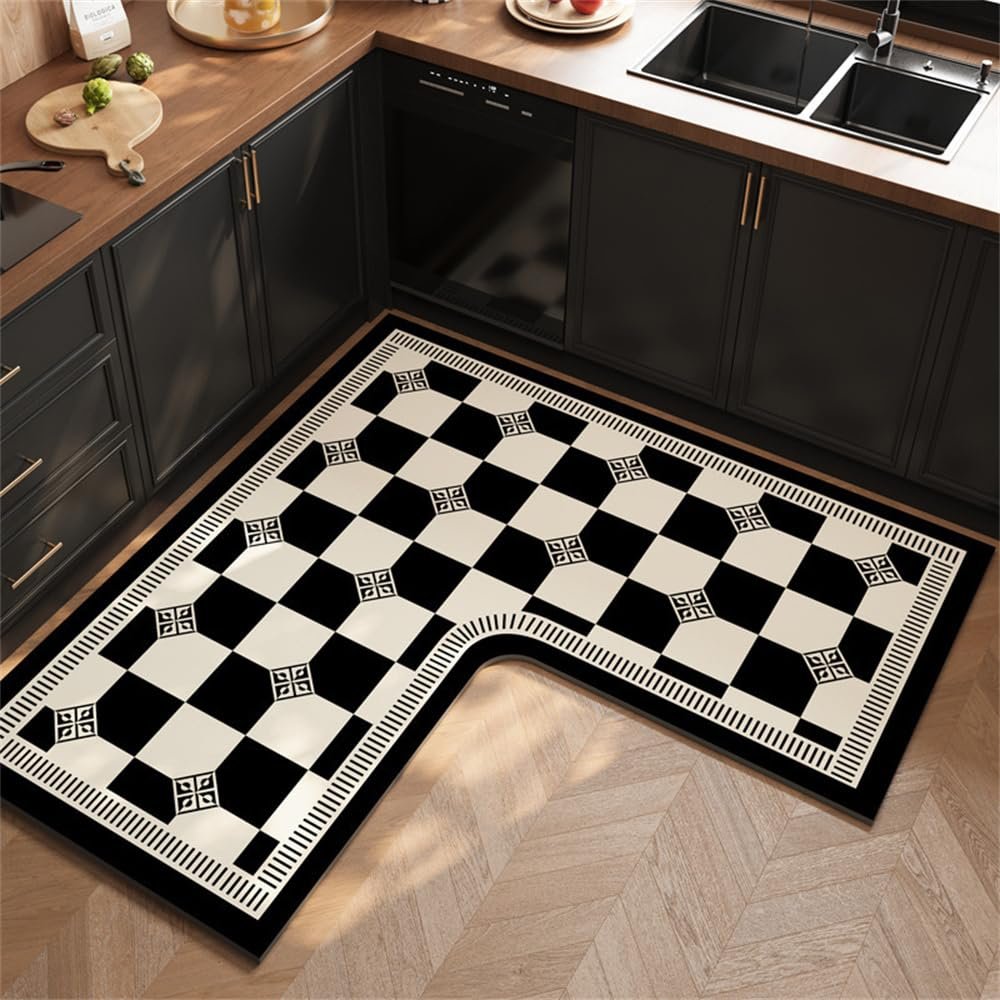 L-Shaped Kitchen Rug, Non-Slip, Washable, Waterproof, Anti-Fatigue Mat, Checkered, 150 x 150 x 45 cm